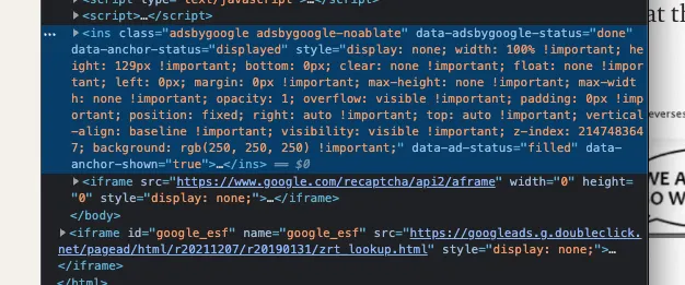 HTML code showing the ad iframe element